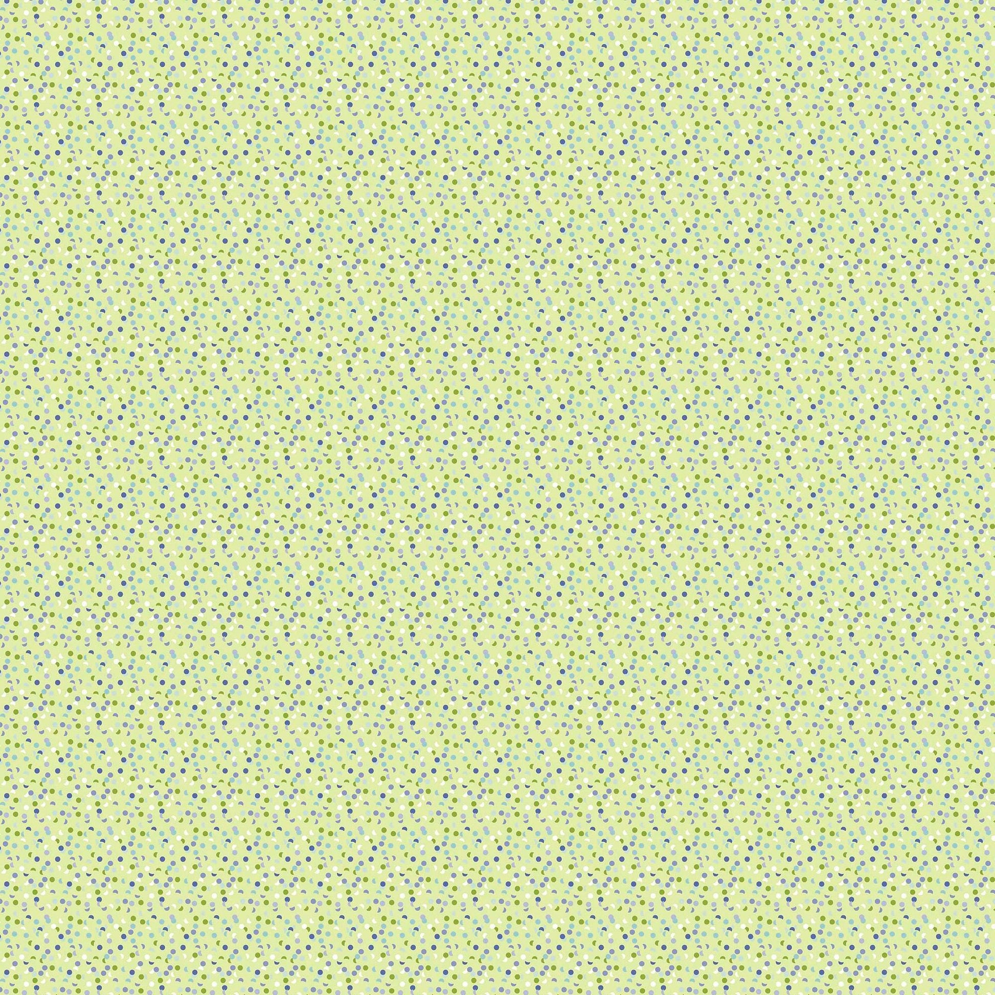 Image of Easter Garden Confetti Dots Light Green quilting cotton fabric by Julie Lynch for Riley Blake Designs. Features dots on a green background. Cute Little Fabric Shop.