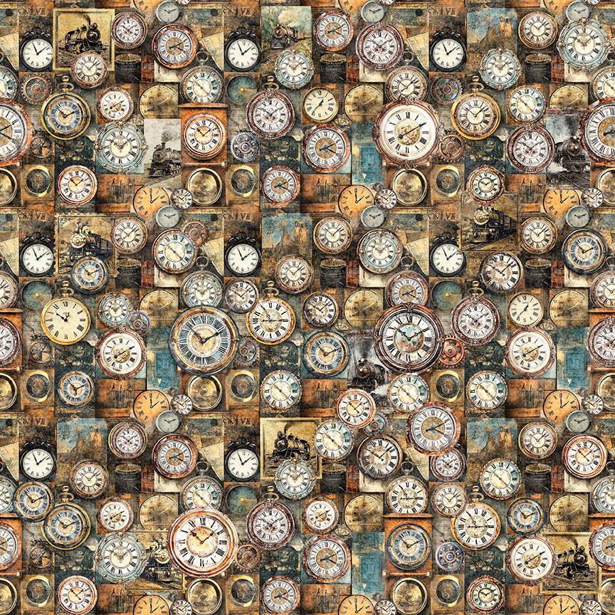Image of Steam & Steel Clocks Multi quilting cotton fabric by Dan Morris for QT Fabrics. Features clocks on a brown background. Cute Little Fabric Shop.