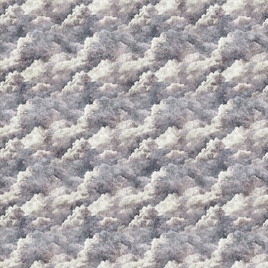 Image of Steam & Steel Smoke Smoke quilting cotton fabric by Dan Morris for QT Fabrics. Features smoke on a gray background. Cute Little Fabric Shop.