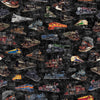 Image of Steam & Steel Trains Charcoal quilting cotton fabric by Dan Morris for QT Fabrics. Features trains on a black background. Cute Little Fabric Shop.