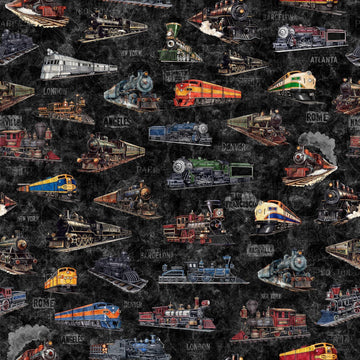 Image of Steam & Steel Trains Charcoal quilting cotton fabric by Dan Morris for QT Fabrics. Features trains on a black background. Cute Little Fabric Shop.