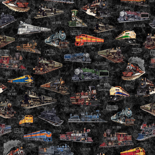 Image of Steam & Steel Trains Charcoal quilting cotton fabric by Dan Morris for QT Fabrics. Features trains on a black background. Cute Little Fabric Shop.