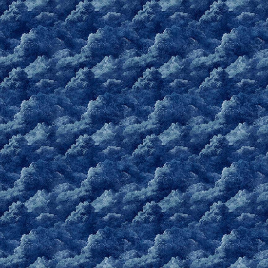 Image of Steam & Steel Smoke Navy quilting cotton fabric by Dan Morris for QT Fabrics. Features smoke on a blue background. Cute Little Fabric Shop.