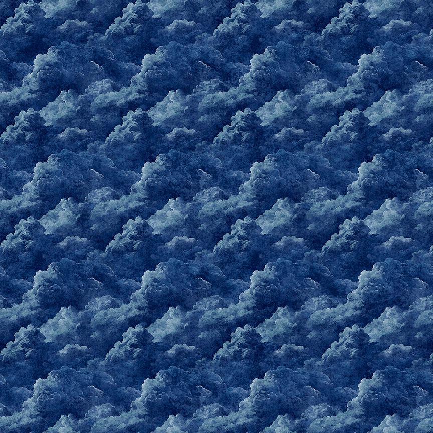 Image of Steam & Steel Smoke Navy quilting cotton fabric by Dan Morris for QT Fabrics. Features smoke on a blue background. Cute Little Fabric Shop.