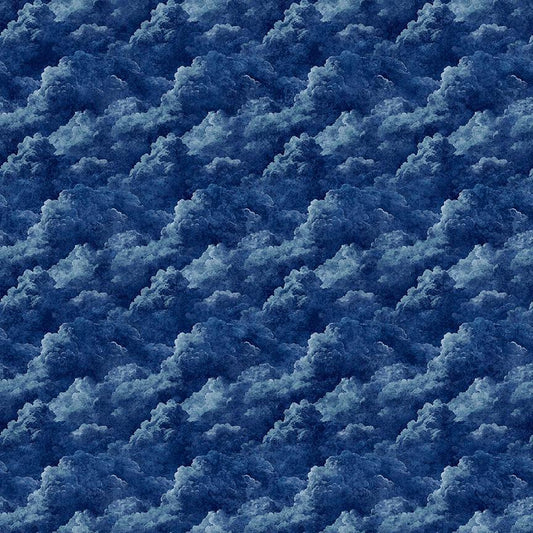 Image of Steam & Steel Smoke Navy quilting cotton fabric by Dan Morris for QT Fabrics. Features smoke on a blue background. Cute Little Fabric Shop.