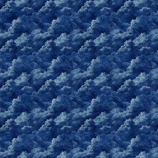 Image of Steam & Steel Smoke Navy quilting cotton fabric by Dan Morris for QT Fabrics. Features smoke on a blue background. Cute Little Fabric Shop.