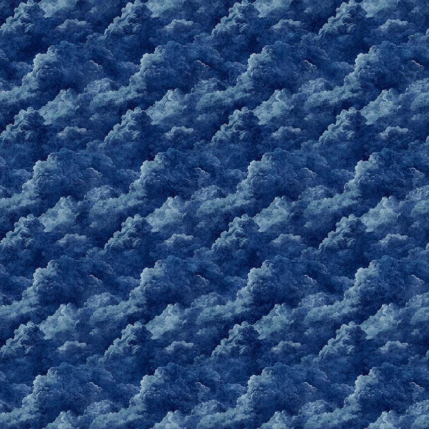 Image of Steam & Steel Smoke Navy quilting cotton fabric by Dan Morris for QT Fabrics. Features smoke on a blue background. Cute Little Fabric Shop.