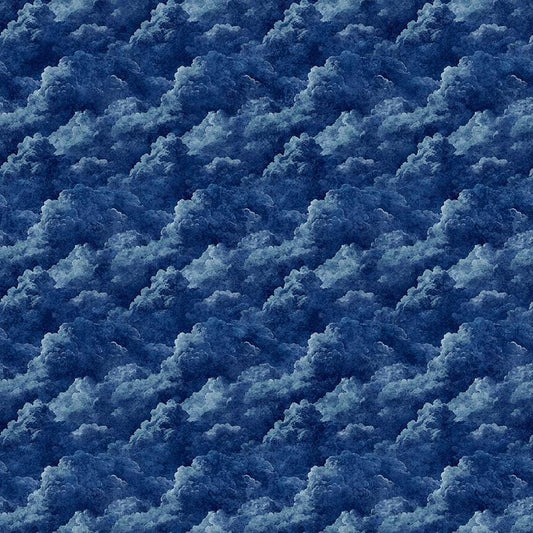 Image of Steam & Steel Smoke Navy quilting cotton fabric by Dan Morris for QT Fabrics. Features smoke on a blue background. Cute Little Fabric Shop.