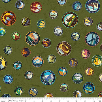 National Parks Emblems CD13292 Avocado - Riley Blake Designs - DIGITALLY PRINTED Outdoors Recreation - Quilting Cotton Fabric