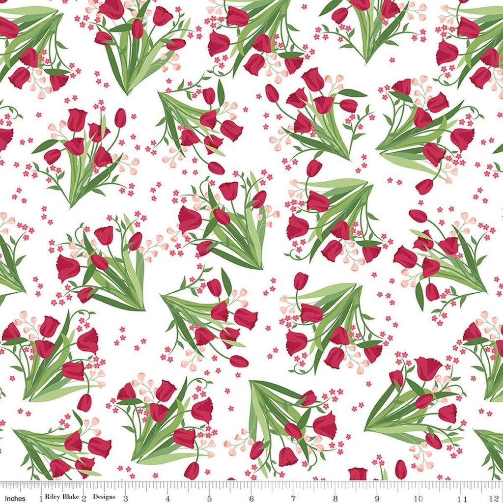 Image of Front Porch Main White quilting cotton fabric by Jill Finley for Riley Blake Designs. Features flowers on a white background. Cute Little Fabric Shop.