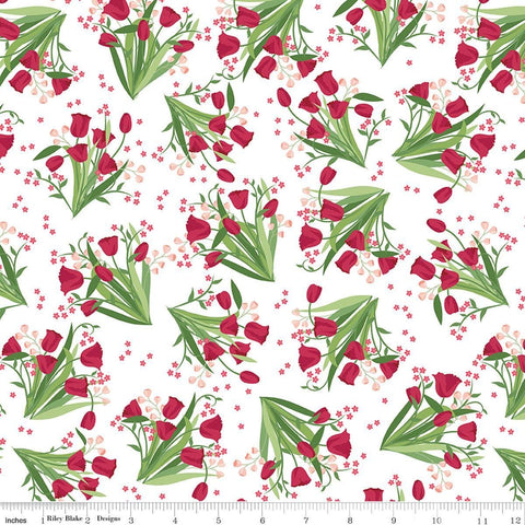 Image of Front Porch Main White quilting cotton fabric by Jill Finley for Riley Blake Designs. Features flowers on a white background. Cute Little Fabric Shop.