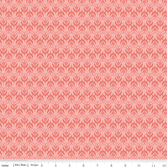 Image of Front Porch Medallions Coral quilting cotton fabric by Jill Finley for Riley Blake Designs. Features flowers on a pink background. Cute Little Fabric Shop.