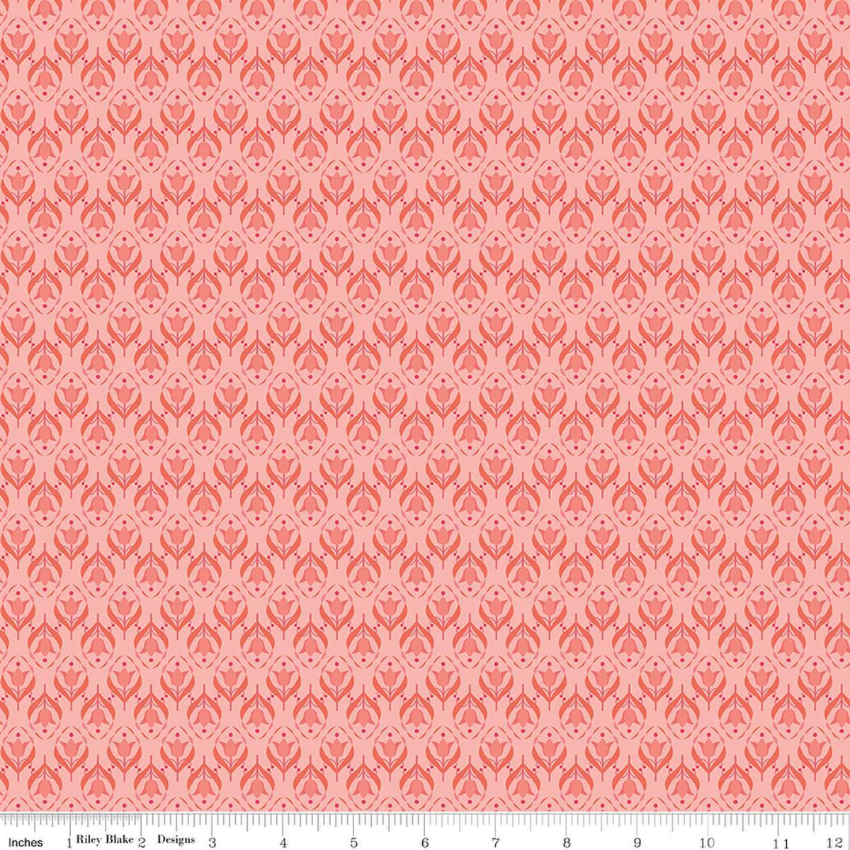 Image of Front Porch Medallions Coral quilting cotton fabric by Jill Finley for Riley Blake Designs. Features flowers on a pink background. Cute Little Fabric Shop.