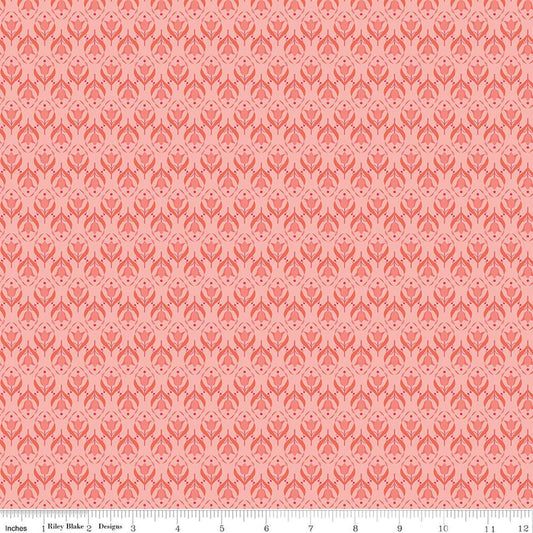 Image of Front Porch Medallions Coral quilting cotton fabric by Jill Finley for Riley Blake Designs. Features flowers on a pink background. Cute Little Fabric Shop.