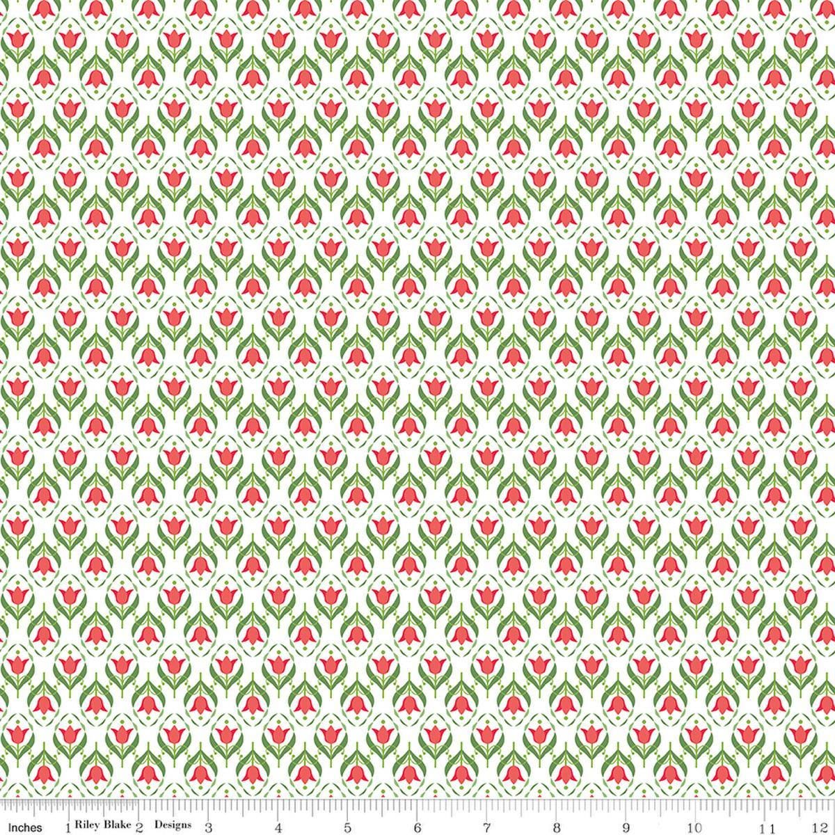 Image of Front Porch Medallions White quilting cotton fabric by Jill Finley for Riley Blake Designs. Features flowers on a white background. Cute Little Fabric Shop.