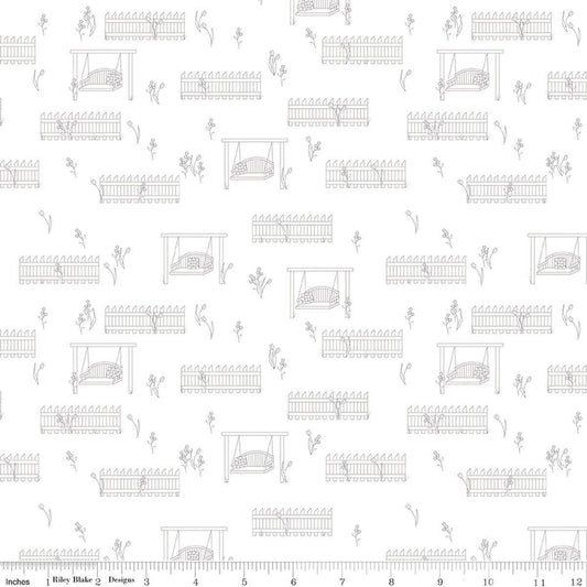 Image of Front Porch Porch Swings White quilting cotton fabric by Jill Finley for Riley Blake Designs. Features garden fences on a white background. Cute Little Fabric Shop.