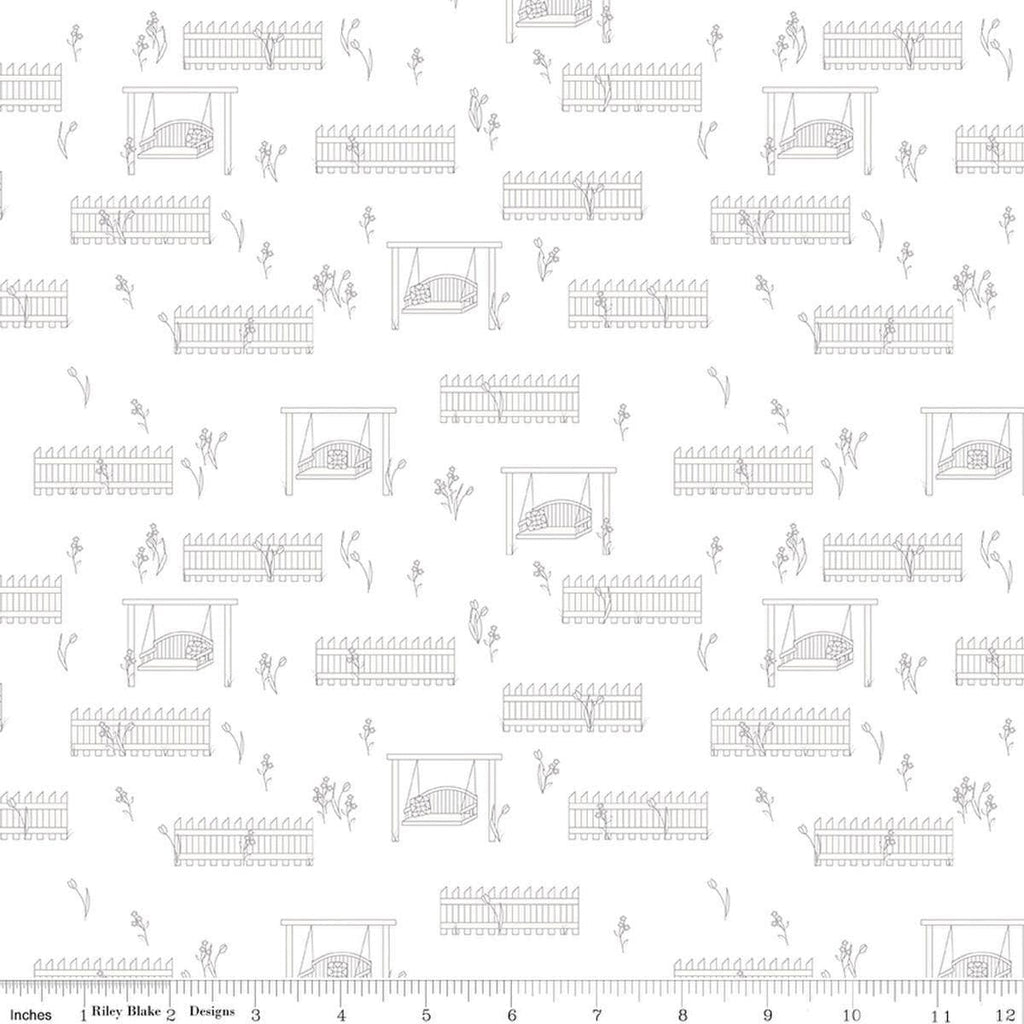 Image of Front Porch Porch Swings White quilting cotton fabric by Jill Finley for Riley Blake Designs. Features garden fences on a white background. Cute Little Fabric Shop.