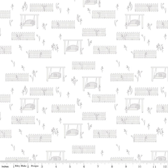 Image of Front Porch Porch Swings White quilting cotton fabric by Jill Finley for Riley Blake Designs. Features garden fences on a white background. Cute Little Fabric Shop.