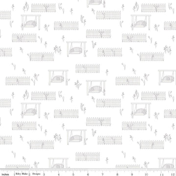 Image of Front Porch Porch Swings White quilting cotton fabric by Jill Finley for Riley Blake Designs. Features garden fences on a white background. Cute Little Fabric Shop.