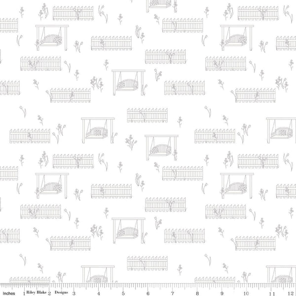Image of Front Porch Porch Swings White quilting cotton fabric by Jill Finley for Riley Blake Designs. Features garden fences on a white background. Cute Little Fabric Shop.