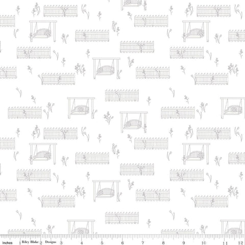 Image of Front Porch Porch Swings White quilting cotton fabric by Jill Finley for Riley Blake Designs. Features garden fences on a white background. Cute Little Fabric Shop.
