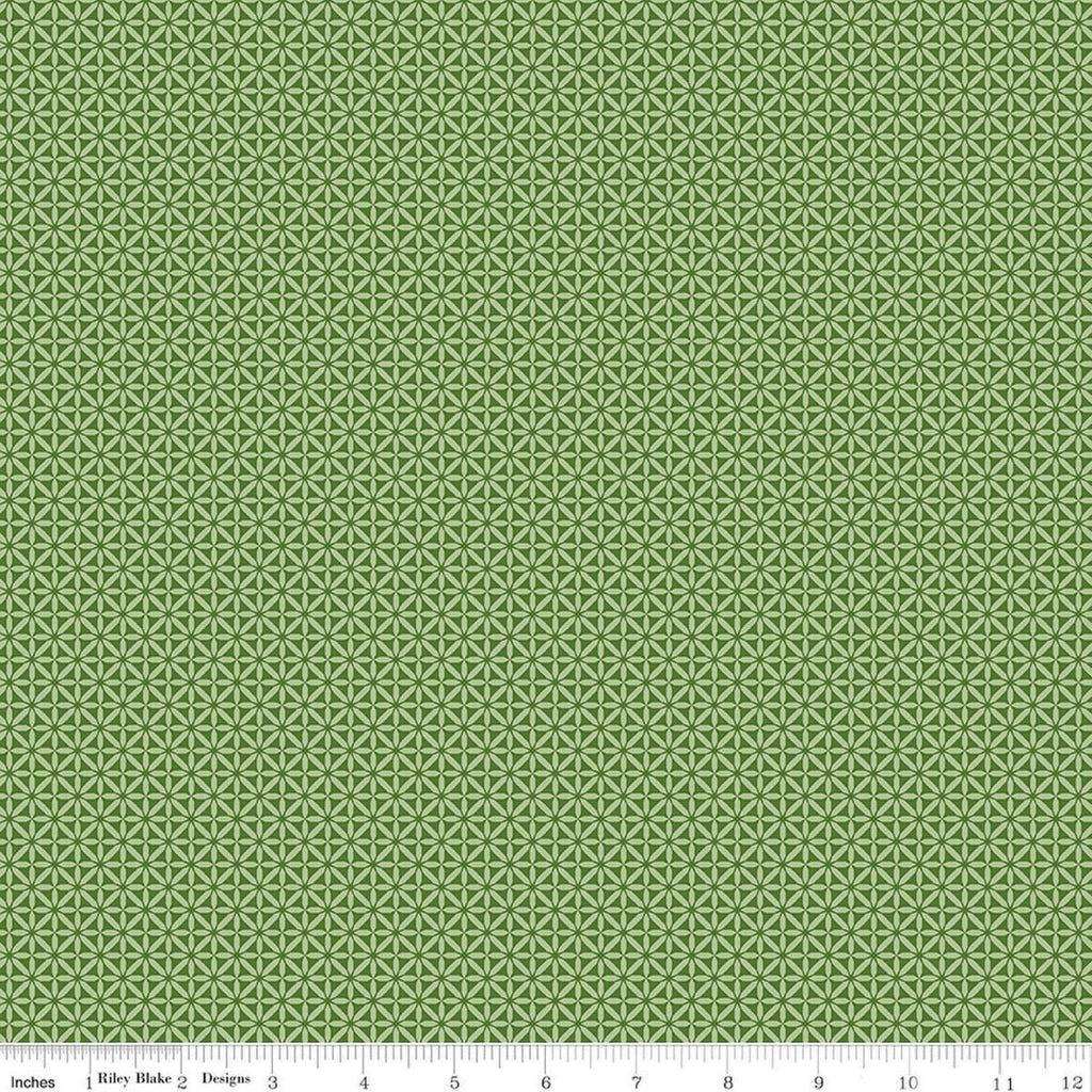 Image of Front Porch Geometric Green quilting cotton fabric by Jill Finley for Riley Blake Designs. Features small geometric patterns on a green background. Cute Little Fabric Shop.