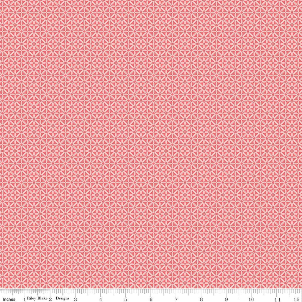 Image of Front Porch Geometric Coral quilting cotton fabric by Jill Finley for Riley Blake Designs. Features small geometric patterns on a pink background. Cute Little Fabric Shop.