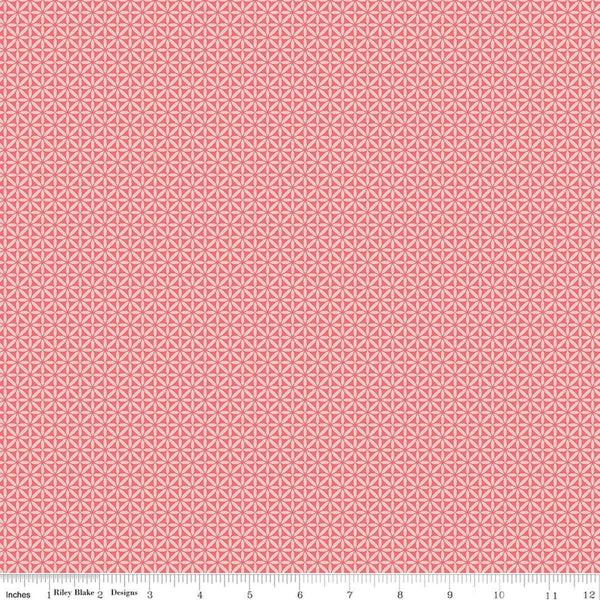 Image of Front Porch Geometric Coral quilting cotton fabric by Jill Finley for Riley Blake Designs. Features small geometric patterns on a pink background. Cute Little Fabric Shop.