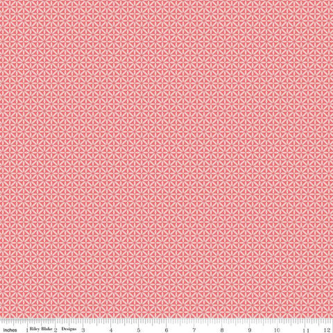Image of Front Porch Geometric Coral quilting cotton fabric by Jill Finley for Riley Blake Designs. Features small geometric patterns on a pink background. Cute Little Fabric Shop.