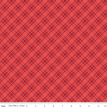 Image of Front Porch Plaid Red quilting cotton fabric by Jill Finley for Riley Blake Designs. Features squares on a red background. Cute Little Fabric Shop.