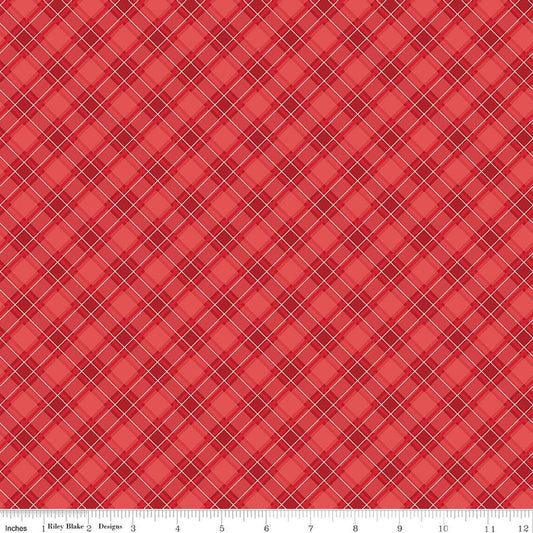Image of Front Porch Plaid Red quilting cotton fabric by Jill Finley for Riley Blake Designs. Features squares on a red background. Cute Little Fabric Shop.