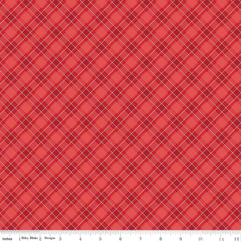 Image of Front Porch Plaid Red quilting cotton fabric by Jill Finley for Riley Blake Designs. Features squares on a red background. Cute Little Fabric Shop.