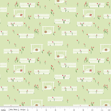 Image of Front Porch Porch Swings Green quilting cotton fabric by Jill Finley for Riley Blake Designs. Features garden fences on a green background. Cute Little Fabric Shop.