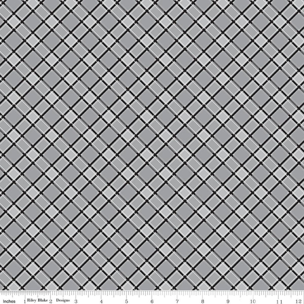 Image of Front Porch Plaid Gray quilting cotton fabric by Jill Finley for Riley Blake Designs. Features squares on a gray background. Cute Little Fabric Shop.