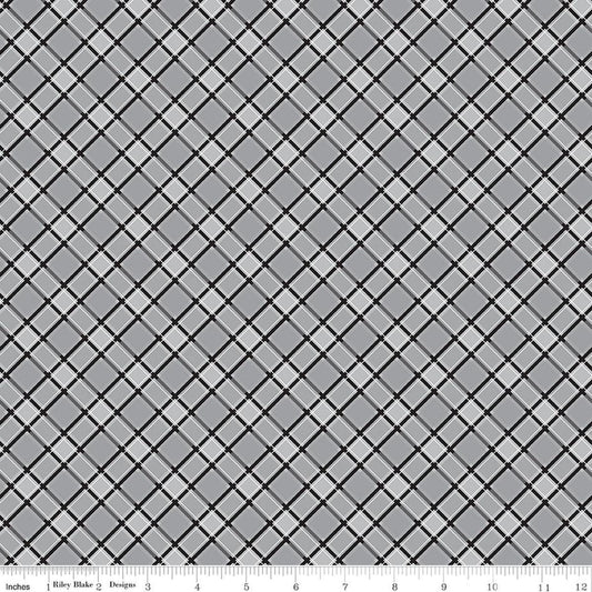 Image of Front Porch Plaid Gray quilting cotton fabric by Jill Finley for Riley Blake Designs. Features squares on a gray background. Cute Little Fabric Shop.