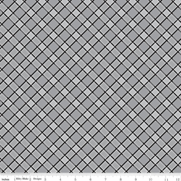 Image of Front Porch Plaid Gray quilting cotton fabric by Jill Finley for Riley Blake Designs. Features squares on a gray background. Cute Little Fabric Shop.