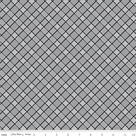 Image of Front Porch Plaid Gray quilting cotton fabric by Jill Finley for Riley Blake Designs. Features squares on a gray background. Cute Little Fabric Shop.