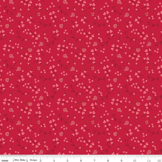Image of Front Porch Floral Red quilting cotton fabric by Jill Finley for Riley Blake Designs. Features flowers on a red background. Cute Little Fabric Shop.