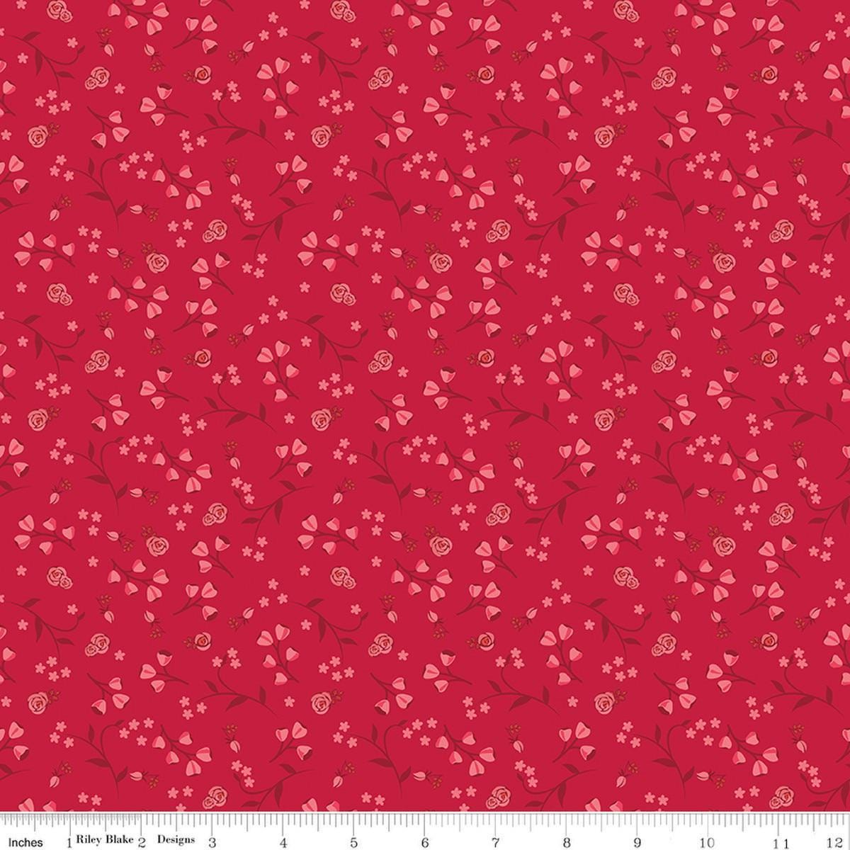 Image of Front Porch Floral Red quilting cotton fabric by Jill Finley for Riley Blake Designs. Features flowers on a red background. Cute Little Fabric Shop.