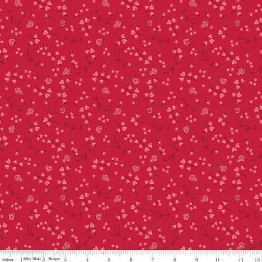 Image of Front Porch Floral Red quilting cotton fabric by Jill Finley for Riley Blake Designs. Features flowers on a red background. Cute Little Fabric Shop.
