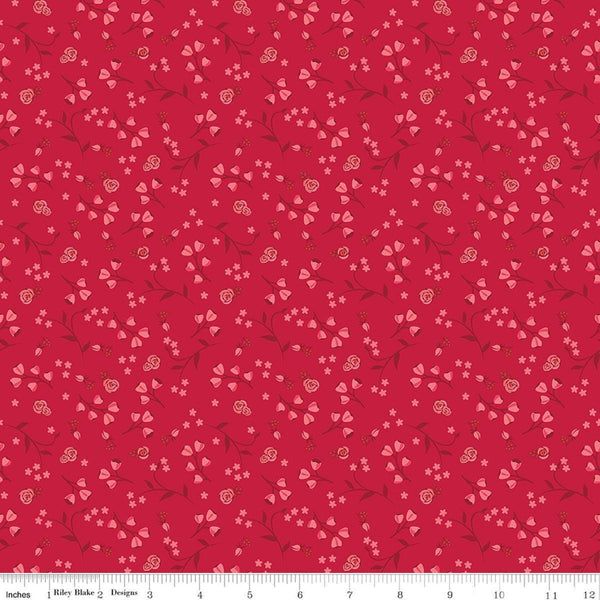 Image of Front Porch Floral Red quilting cotton fabric by Jill Finley for Riley Blake Designs. Features flowers on a red background. Cute Little Fabric Shop.