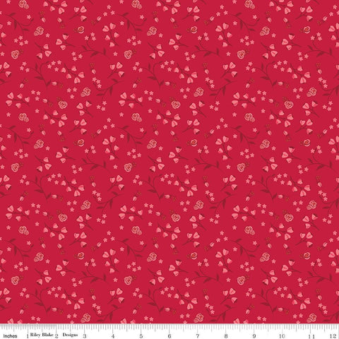 Image of Front Porch Floral Red quilting cotton fabric by Jill Finley for Riley Blake Designs. Features flowers on a red background. Cute Little Fabric Shop.