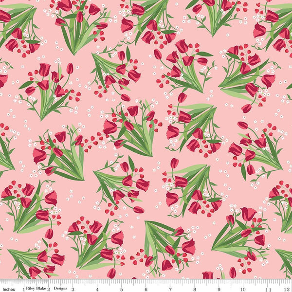 Image of Front Porch Main Coral quilting cotton fabric by Jill Finley for Riley Blake Designs. Features flowers on a pink background. Cute Little Fabric Shop.