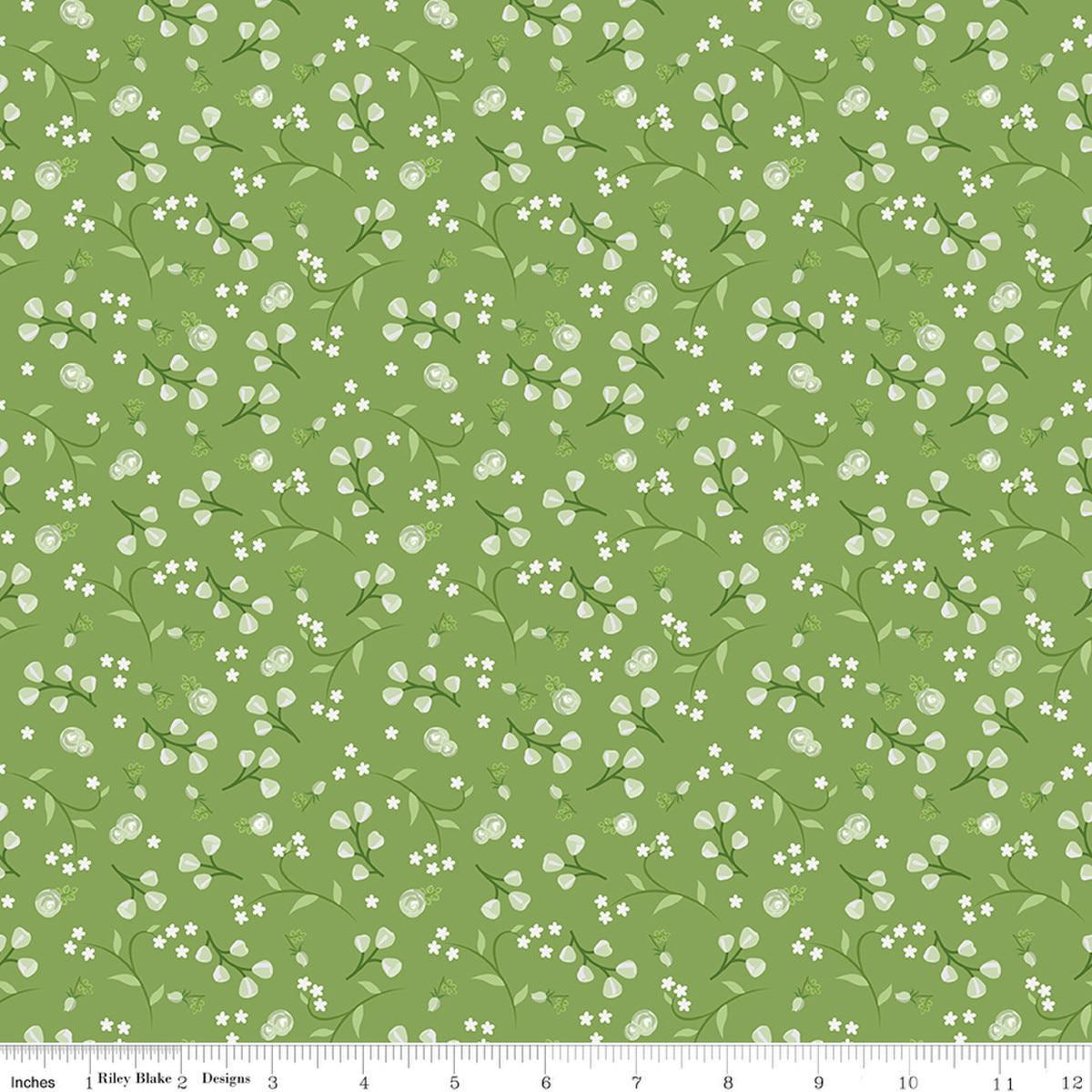 Image of Front Porch Floral Green quilting cotton fabric by Jill Finley for Riley Blake Designs. Features flowers on a green background. Cute Little Fabric Shop.