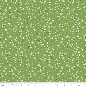 Image of Front Porch Floral Green quilting cotton fabric by Jill Finley for Riley Blake Designs. Features flowers on a green background. Cute Little Fabric Shop.