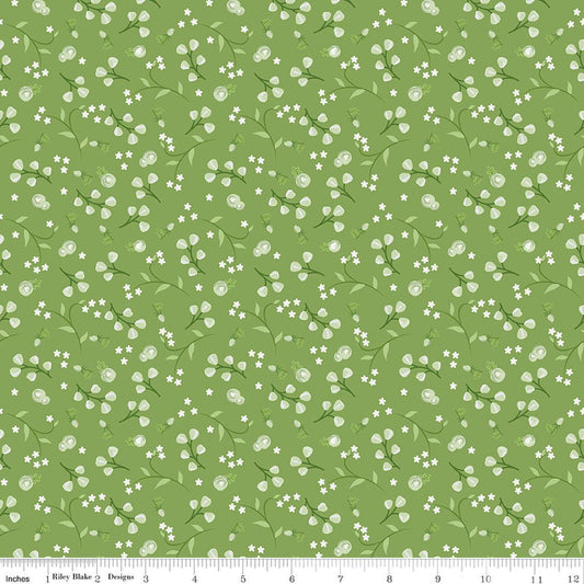 Image of Front Porch Floral Green quilting cotton fabric by Jill Finley for Riley Blake Designs. Features flowers on a green background. Cute Little Fabric Shop.