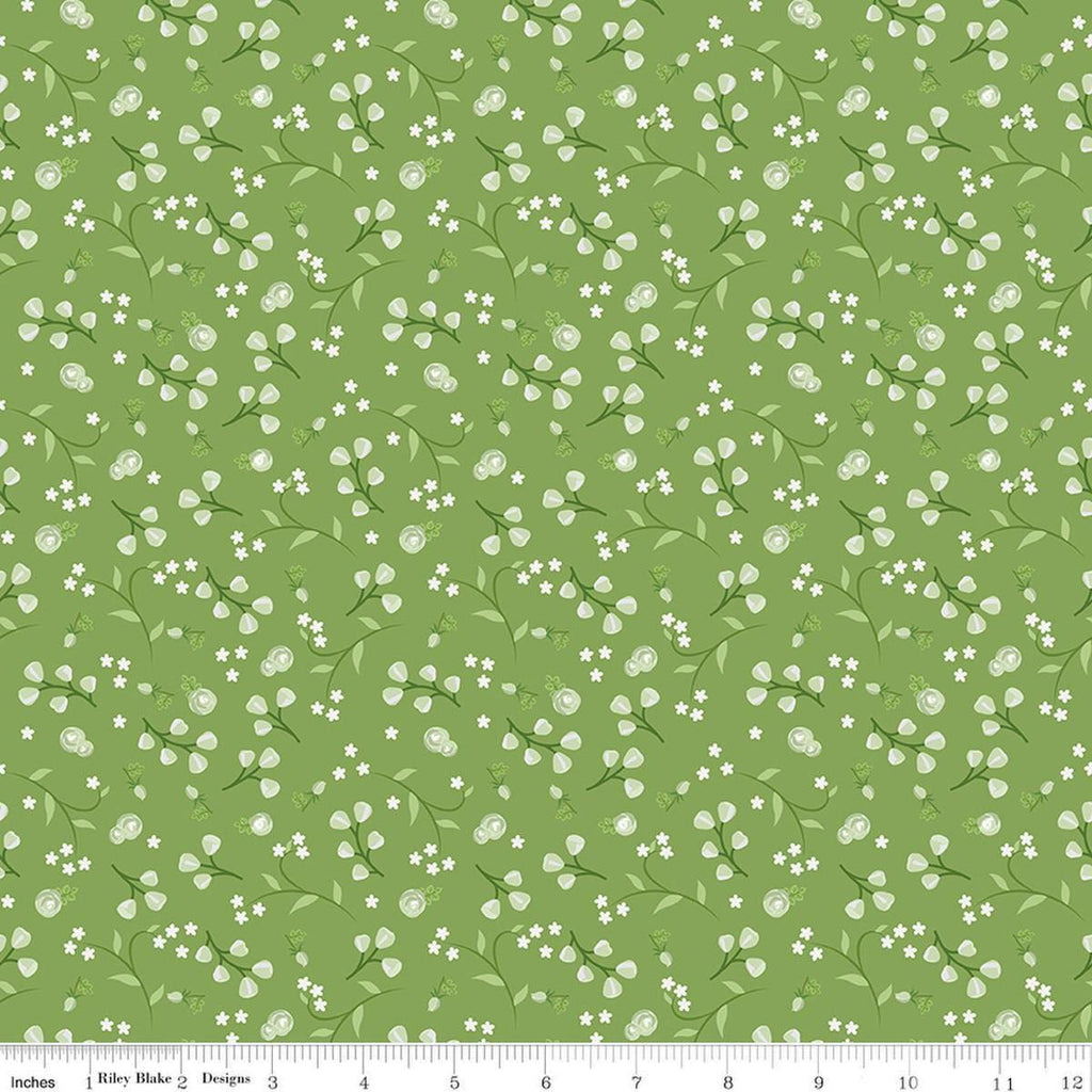 Image of Front Porch Floral Green quilting cotton fabric by Jill Finley for Riley Blake Designs. Features flowers on a green background. Cute Little Fabric Shop.