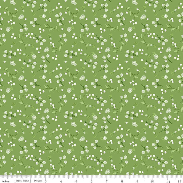 Image of Front Porch Floral Green quilting cotton fabric by Jill Finley for Riley Blake Designs. Features flowers on a green background. Cute Little Fabric Shop.