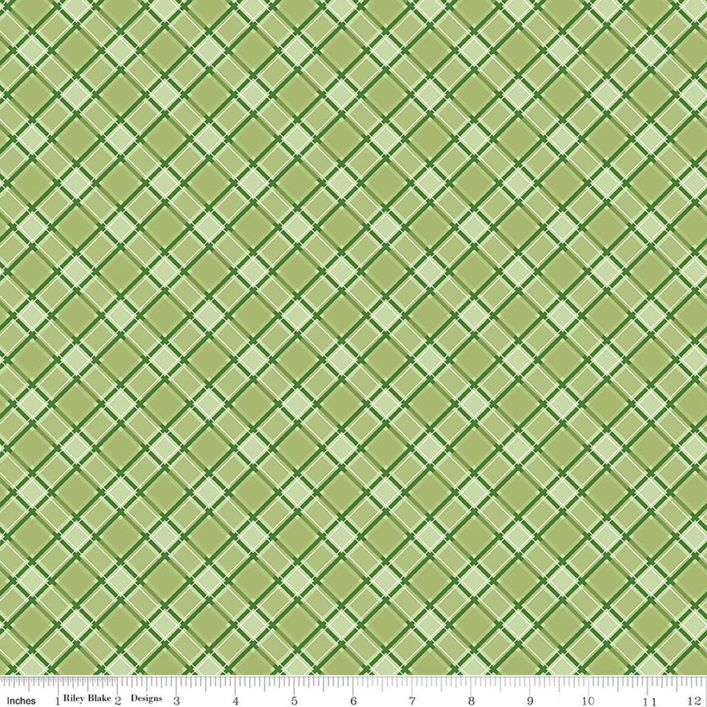 Image of Front Porch Plaid Green quilting cotton fabric by Jill Finley for Riley Blake Designs. Features squares on a green background. Cute Little Fabric Shop.