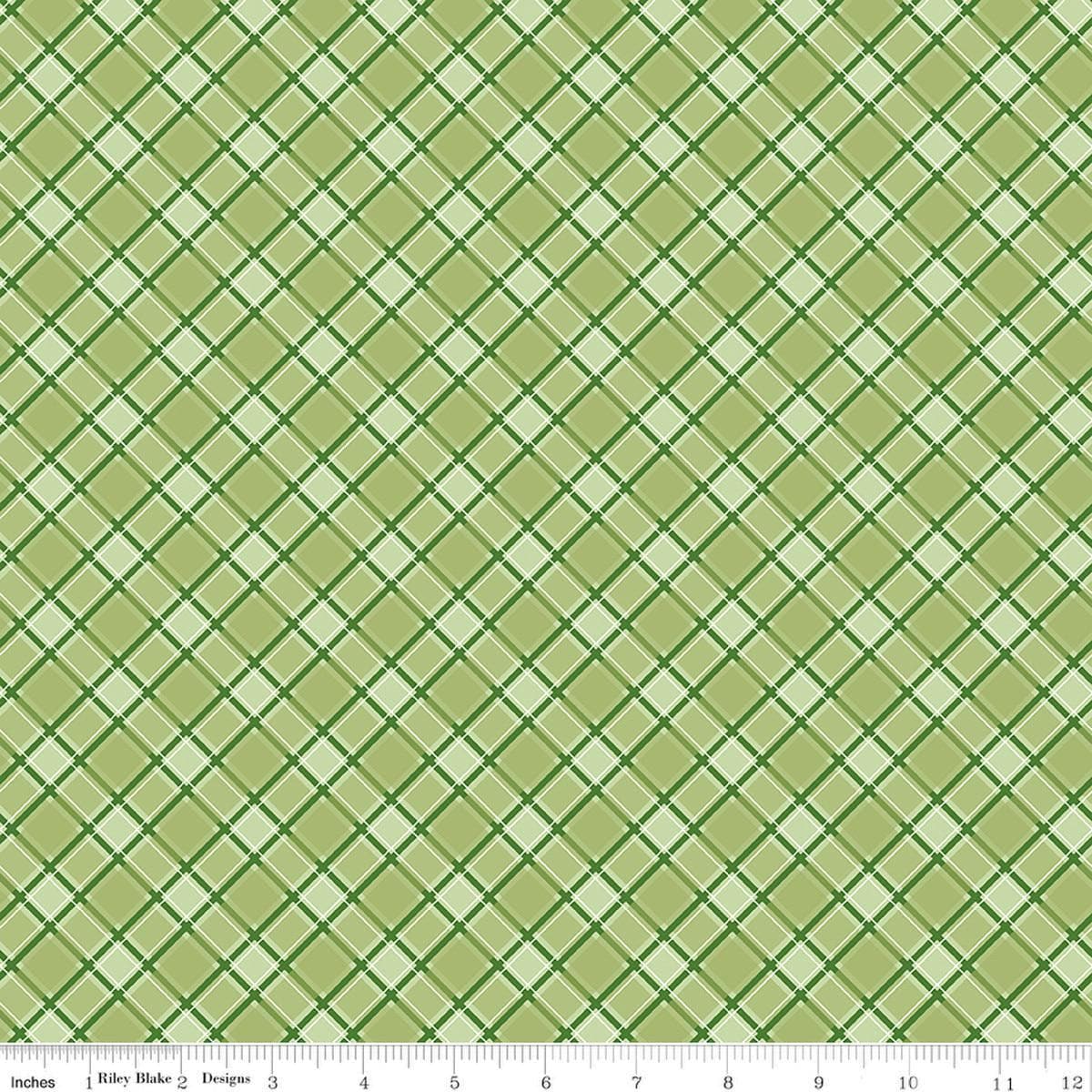 Image of Front Porch Plaid Green quilting cotton fabric by Jill Finley for Riley Blake Designs. Features squares on a green background. Cute Little Fabric Shop.